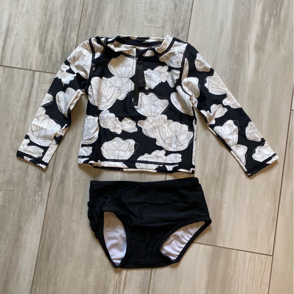 Ruffle Butts Black and White Floral Long Sleeve Bikini Set